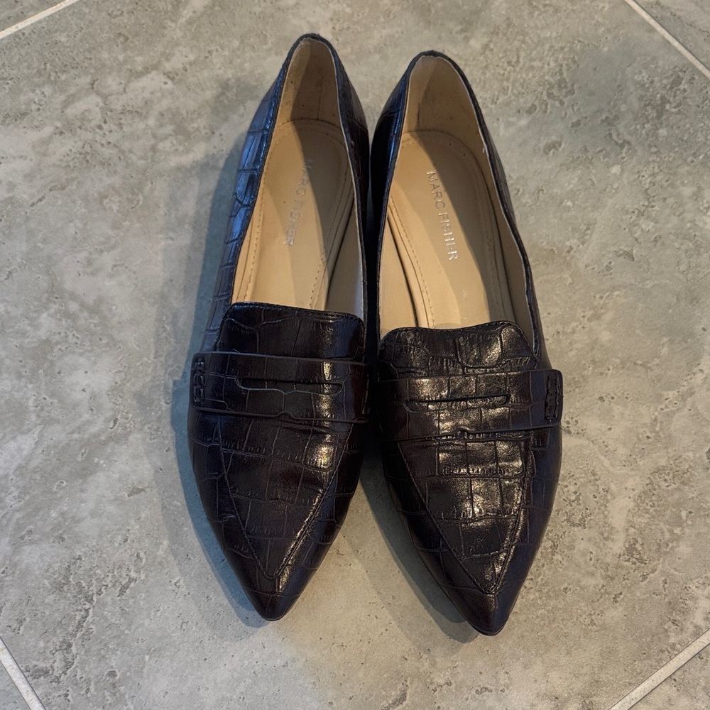 Marc Fisher Pointed Toe Croc-Embossed Loafers in Black